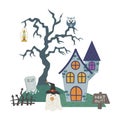 Halloween haunted house with Ghost Dead Tree and Owl Royalty Free Stock Photo