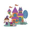 Halloween Haunted House and Little Witch Royalty Free Stock Photo