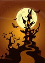 Halloween haunted house on night background with a full moon behind - Vector illustration. Royalty Free Stock Photo