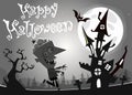 Halloween haunted house on night background with a walking dead zombie. Vector illustration. Black and white