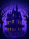 A halloween haunted house on violet background. genearative AI