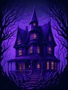 A halloween haunted house on violet background. genearative AI