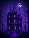 A halloween haunted house on violet background. genearative AI