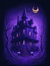 A halloween haunted house on violet background. genearative AI