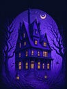 A halloween haunted house on violet background. genearative AI