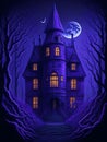 A halloween haunted house on violet background. genearative AI