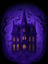 A halloween haunted house on violet background. genearative AI