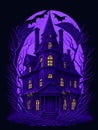 A halloween haunted house on violet background. genearative AI