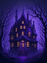 A halloween haunted house on violet background. genearative AI