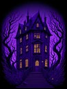 A halloween haunted house on violet background. genearative AI