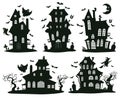 Halloween haunted houses. Cartoon spooky halloween ghost castles, monsters houses isolated vector symbols set. Creepy