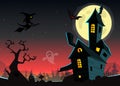 Halloween haunted moonlight night background with spooky house and cemetery, can be use as flyer Royalty Free Stock Photo