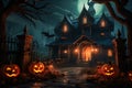 Halloween haunted spooky house with pumpkins and trees around Royalty Free Stock Photo