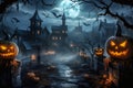 Halloween haunted spooky house with pumpkins and trees around Royalty Free Stock Photo