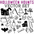 Halloween Haunts Vector Set with witch hats, ghosts, skulls, headstones, haunted houses, candles, eyeballs, brooms, and coffins.