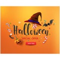 Halloween having fun sale promotion poster with halloween candy and halloween ghost balloons and pumpkin orange background,Scary a