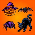 Halloween Head pumpkins Set Element Cat, Bat Illustrations