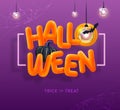 Halloween holiday background with 3D plastic letters, pumpkin and electric lamps.