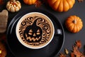 Halloween holiday background. Halloween coffee cup, pumpkin and autumn leaves on table. Top view, flat lay Royalty Free Stock Photo