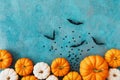 Halloween holiday background with party decorations of pumpkins and bats on white table top view. Happy halloween greeting card Royalty Free Stock Photo