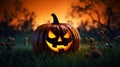 Halloween holiday background. Spooky glowing jack-o-lantern pumpkin on the ground in a cornfield. Royalty Free Stock Photo