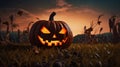 Halloween holiday background. Spooky glowing jack-o-lantern pumpkin on the ground in a cornfield. Royalty Free Stock Photo