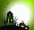 Halloween holiday banner, night party invitation, vector illustration. House with ghost, scary pumpkin silhouette, black Royalty Free Stock Photo