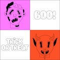 Halloween holiday. Black spooky fantasy characters in bright frames. Walking dead, devil. Boo and trick or treat