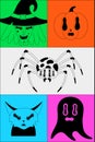 Halloween holiday. Black spooky fantasy characters in bright frames. Witch, pumpkin, poisonous spider, ghost, cat Royalty Free Stock Photo