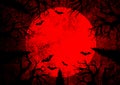 Halloween holiday bloody red grunge horizontal background with full moon