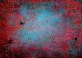 Halloween holiday bloody red and teal grunge horizontal background with webs and spiders