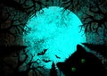 Halloween Holiday Blue Teal Black Grunge Background With Black Cat With Green Eyes, Full Moon, Silhouettes Of Bats