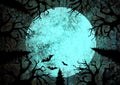 Halloween holiday blue teal black grunge background with full moon, silhouettes of bats and terrible dead trees