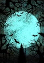 Halloween holiday bright grunge vertical background with full moon, silhouettes of bats and terrible dead trees