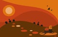 Halloween holiday card landscape. Graves, pumpkins, bats and stumps. Orange and red sky. Horizontal illustration