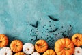 Halloween holiday card with party decorations of pumpkins and bats on blue table top view. Happy halloween greeting poster Royalty Free Stock Photo