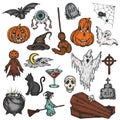 Halloween holiday colorful cartoon horror set. Scary halloween ghost, witch, pumpkin, witch, spooky eye vector