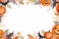 Halloween holiday concept - dried leaves and small orange pumpkins on white background, top view, copy space, watercolor