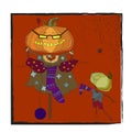 Halloween holiday. cute pumpkin character. grandmother pumpkin knits a sock to her grandson