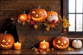 halloween holiday decoration with pumpkins, autumn leaves and candles, still life, cozy, festive background Royalty Free Stock Photo