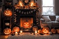 halloween holiday decoration with pumpkins, autumn leaves and candles, still life, cozy, festive background Royalty Free Stock Photo