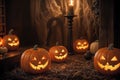 halloween holiday decoration with pumpkins, autumn leaves and candles, still life, cozy, festive background Royalty Free Stock Photo