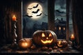 halloween holiday decorations, jack o lantern pumpkins and candles on a windowsill, flying bats outside the window, moonlit Royalty Free Stock Photo