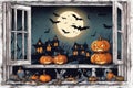 halloween holiday decorations, jack o lantern pumpkins and candles on a windowsill, flying bats outside the window, moonlit Royalty Free Stock Photo