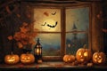 halloween holiday decorations, jack-o-lantern pumpkins and candles on a windowsill, flying bats outside the window, moonlit night Royalty Free Stock Photo