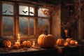 halloween holiday decorations, scary jack o lantern pumpkins and candles on a windowsill, flying bats outside the window Royalty Free Stock Photo