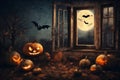 halloween holiday decorations, scary jack o lantern pumpkins and candles on a windowsill, flying bats outside the window, moonlit Royalty Free Stock Photo