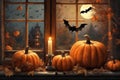 halloween holiday decorations, scary jack o lantern pumpkins and candles on a windowsill, flying bats outside the window, moonlit Royalty Free Stock Photo