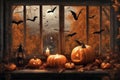 halloween holiday decorations, scary jack o lantern pumpkins and candles on a windowsill, flying bats outside the window, moonlit Royalty Free Stock Photo