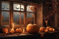 halloween holiday decorations, scary jack o lantern pumpkins and candles on a windowsill, flying bats outside the window, moonlit Royalty Free Stock Photo